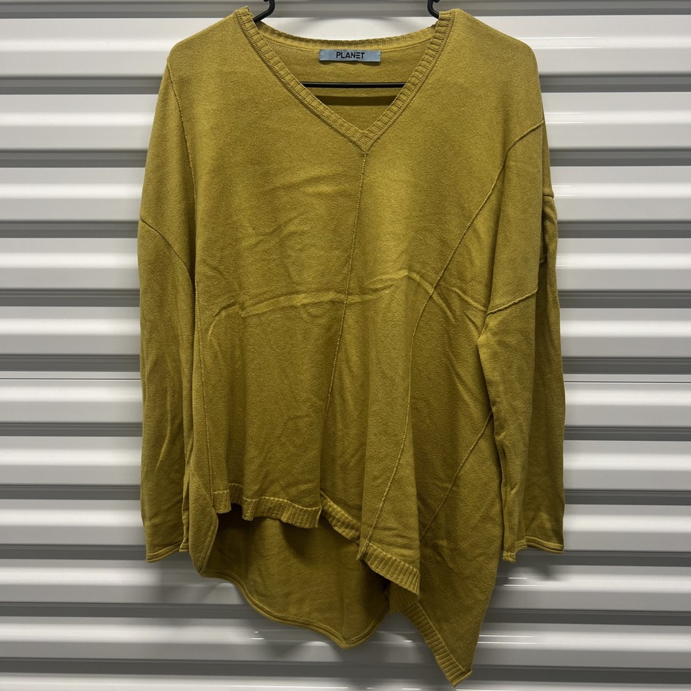 Planet by Lauren G Asymmetric V Neck Sweater Pima Cotton Tencel Chartreuse OSFA
